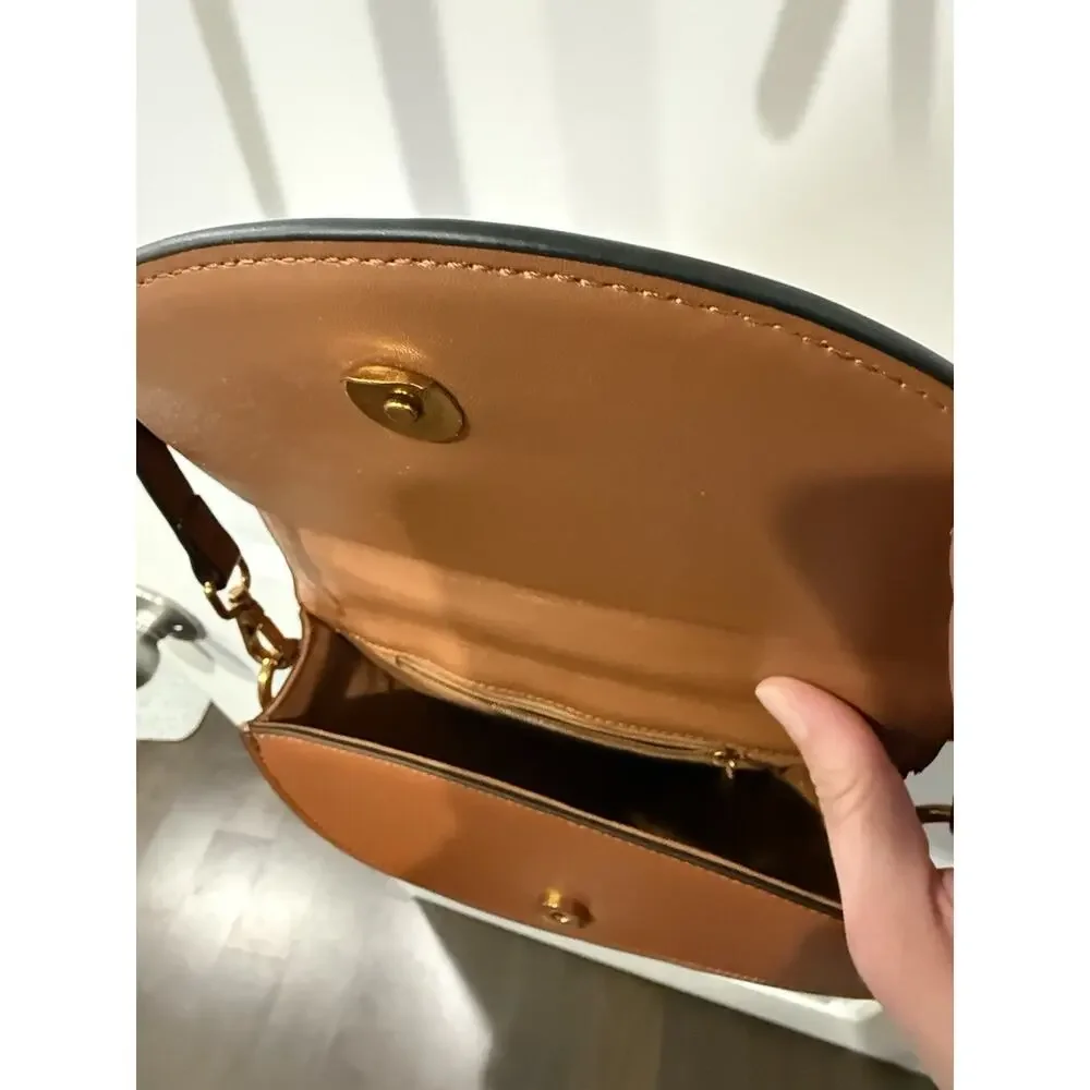 Brown Faux Leather Half Moon Crossbody Bag Gold Ring Handle Purse - Picture 6 of 8